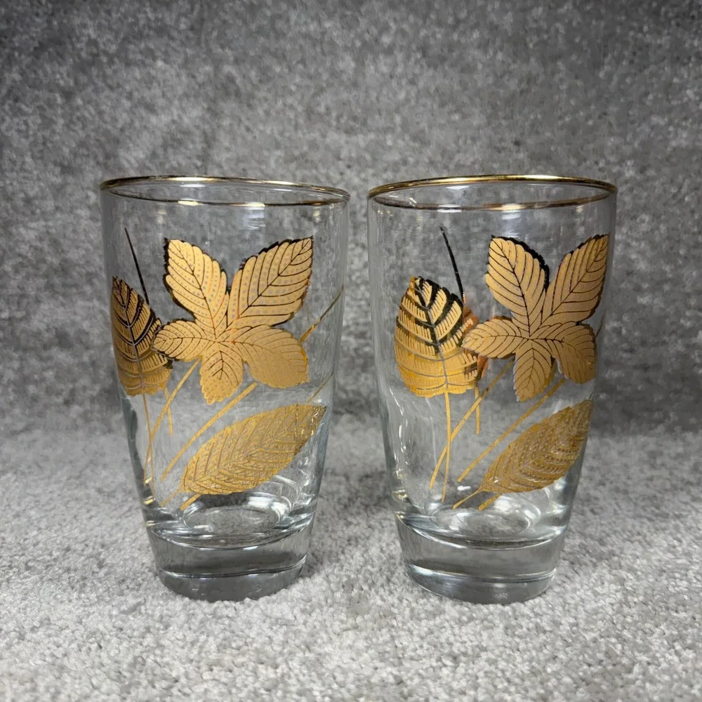 Libbey Highball Glasses Gold Leaf Mid Century‎ Modern Set of 2